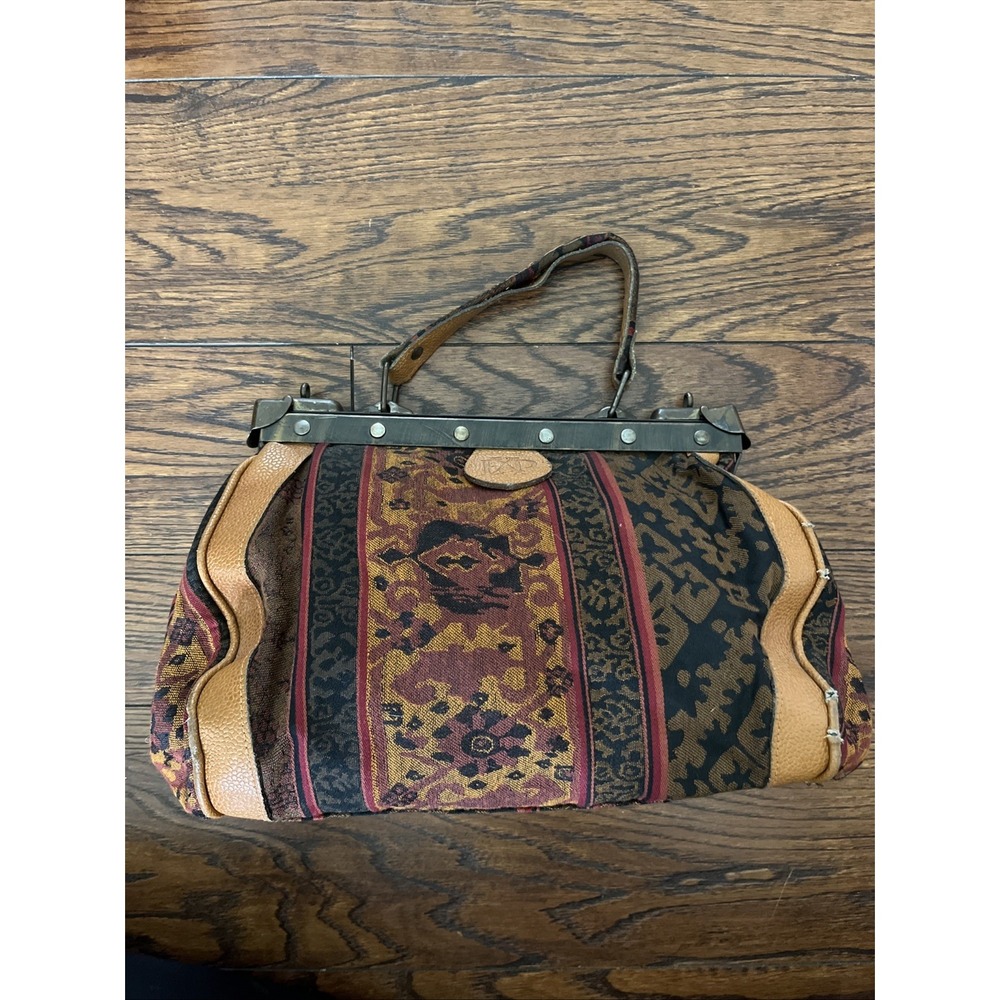 VTG Express Tapestry Leather Hobo Carpet Drs Bag Hinged Frame Clasp RARE